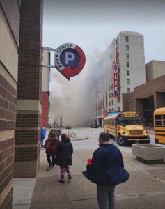 TRAINSFORMER FAILURE IN DOWNTOWN DAVENPORT LEAVES SMOKY, OILY SPECTACLE