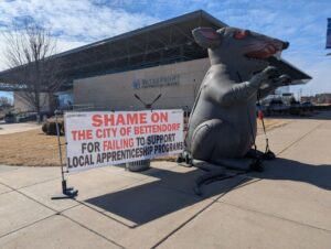 Labor union protests outside Bettendorf’s contract for Gateway Pedestrian Bridge 02/25