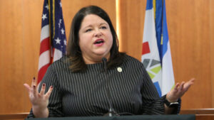 Linn Cty Board of Supervisors chair Kirsten Running-Marquardt speaks out against Morgan Valley power plant plans